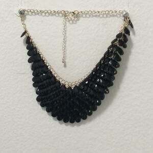 VINTAGE BIB NECKLACE Gold Tone Metal Black Discs-Front Size- @ 20”Length